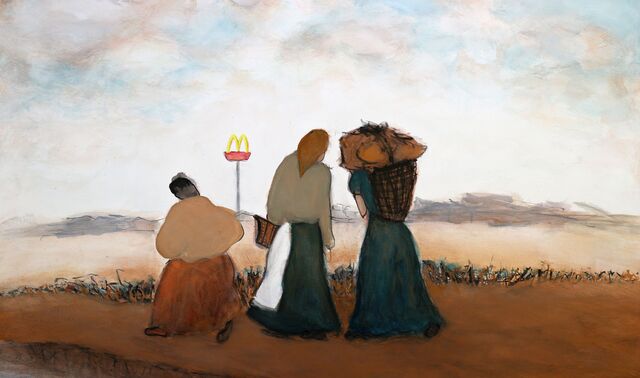 Zeichnung von drei Bauersfrauen von hinten, von der eine einen großen Korb auf dem Rücken trägt. Eine weitere trägt einen Korb am Arm. Sie laufen alle auf ein McDonalds Zeichen zu.