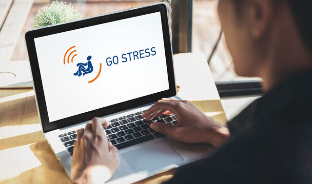 Ein Mann sitzt an einem Laptop vor einer Fensterscheibe und tippt etwas auf seiner Tastatur. Aus dem Bildschirm des Laptops steht: Go Stress.